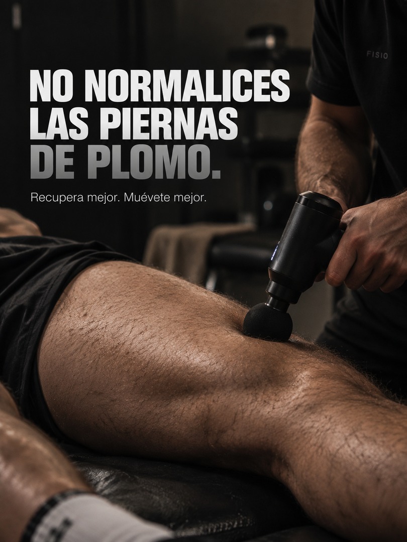Creatividad de anuncio con una pistola de masaje sobre una pierna y el titular No normalices las piernas de plomo